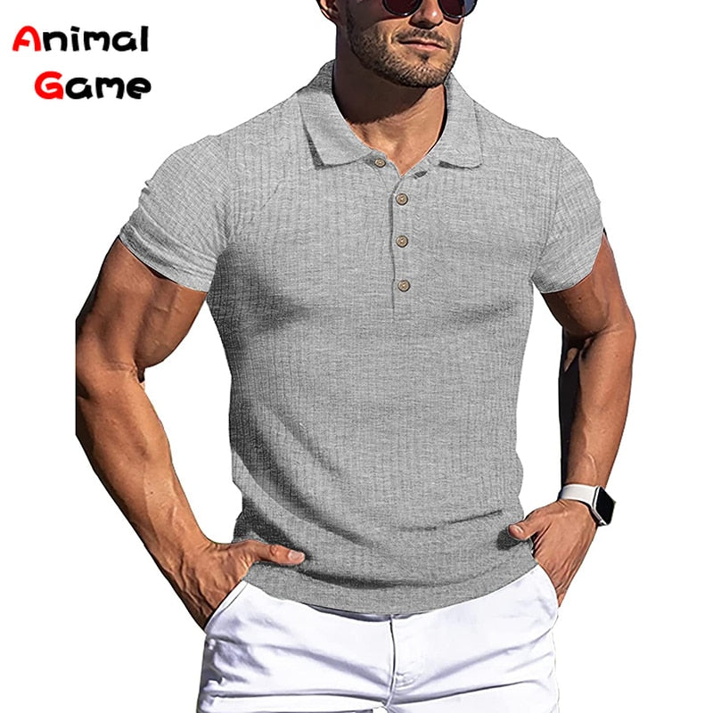 Turn-Down Collar Men Button T-shirt Short Sleeved Stripe Fitness Yoga Top