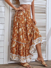 Floral Printed Bohemian Elastic High Waist  Midi Skirt Vintage