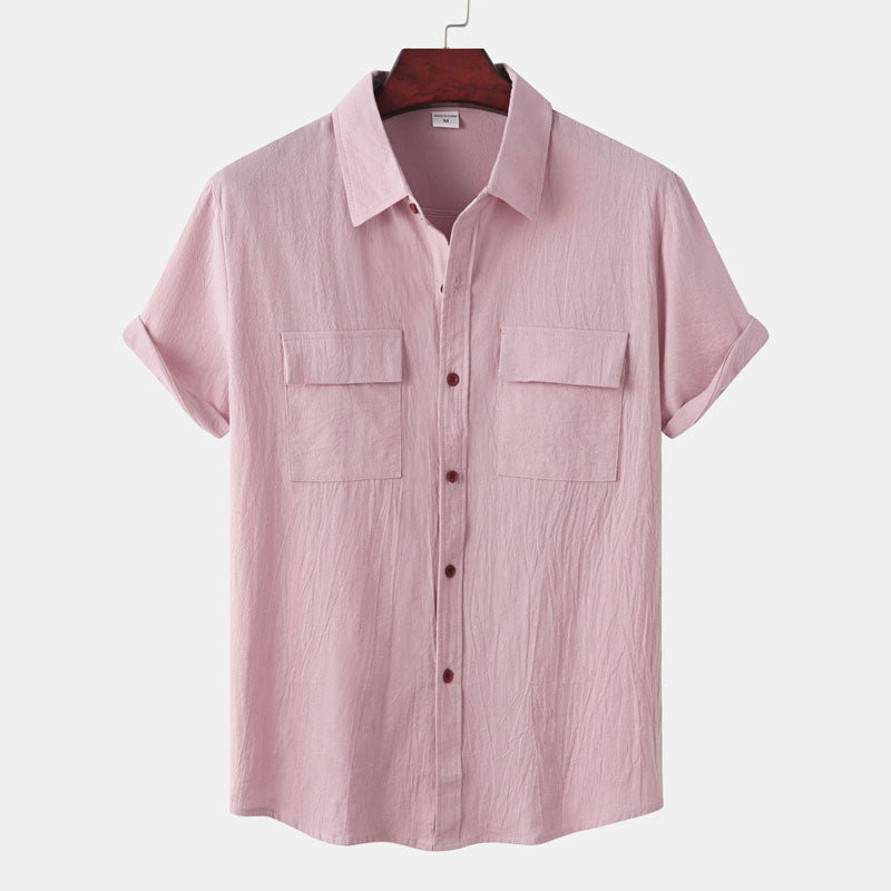 Double Pocket Linen Shirt Men Short Sleeve Button Down Shirts