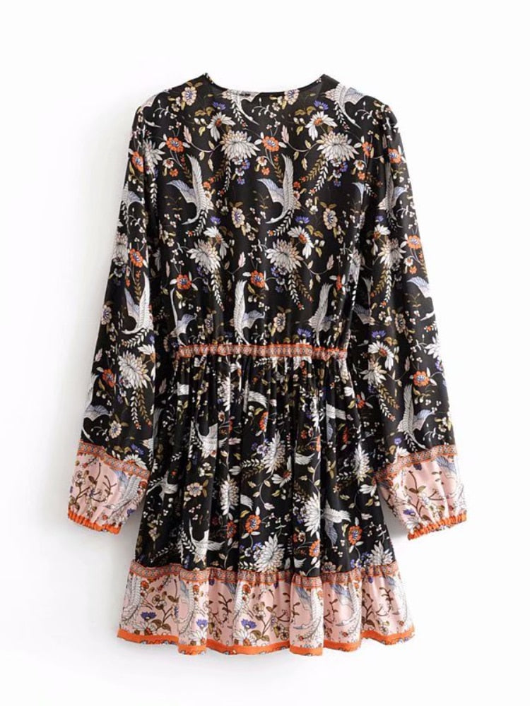 Crane Floral Print Long Sleeve Beach Bohemian Mini Dresses