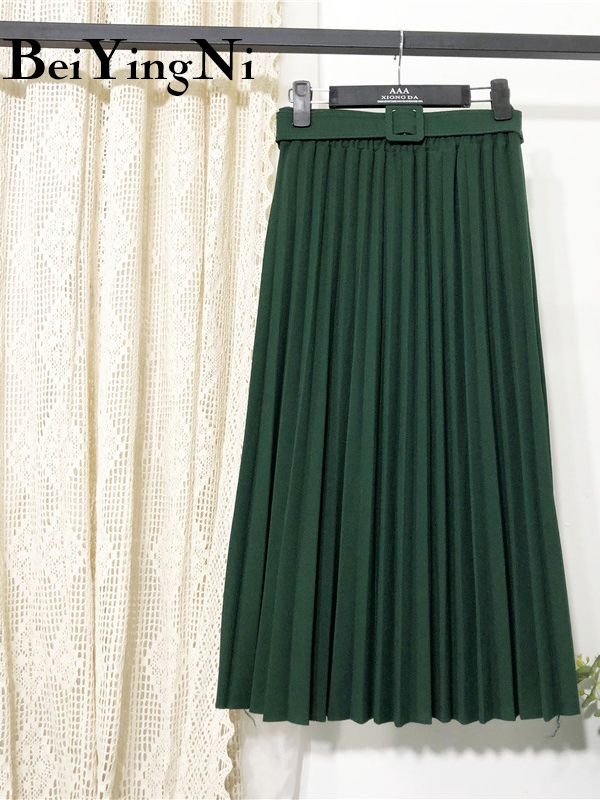 High Waist Women Skirt Casual Vintage Solid Belted Pleated Midi Skirts