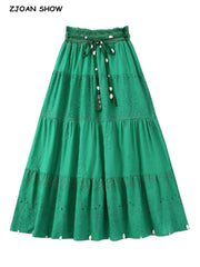 BOHO Green Embroidery Hollow Out Hole Flower Midi Long Skirt