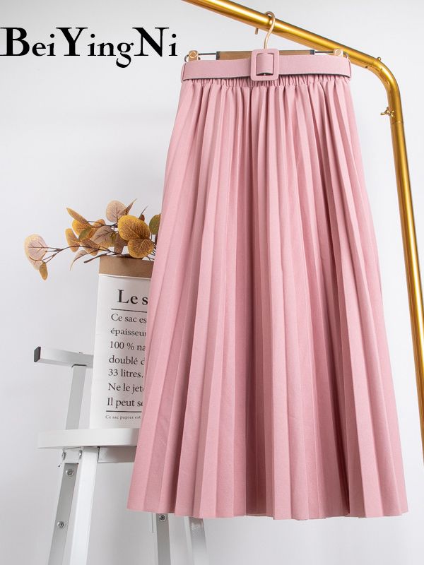 High Waist Women Skirt Casual Vintage Solid Belted Pleated Midi Skirts