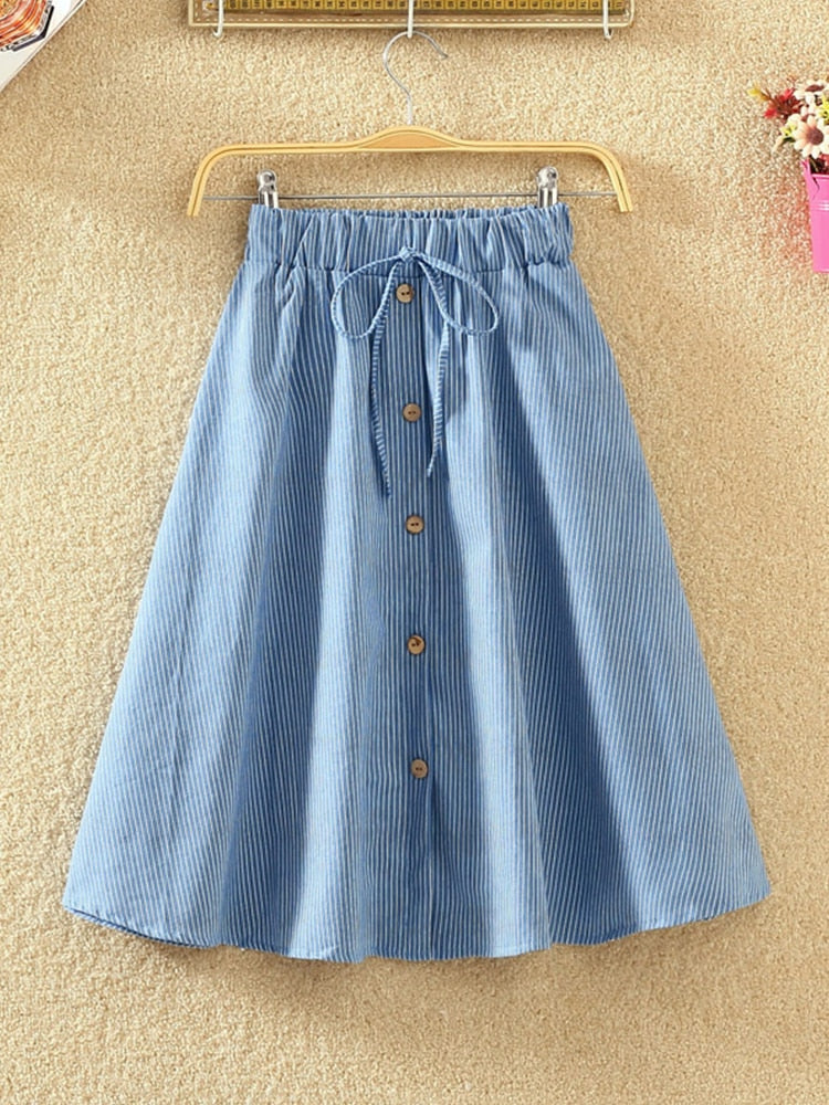 Knee Lenth Denim Skirt WomenStriped High Waist