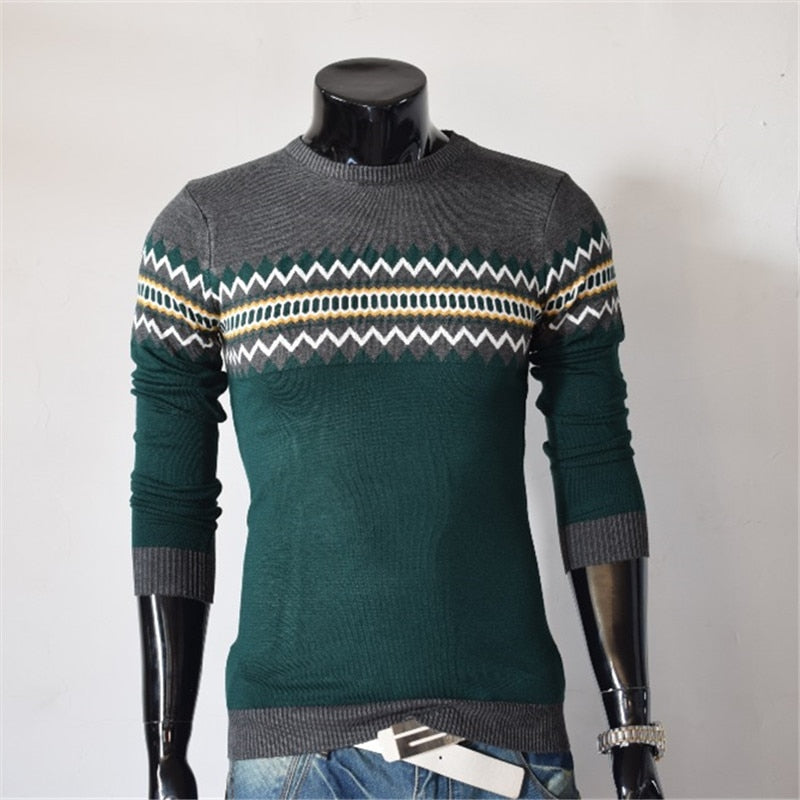 Casual Sweater O-Neck Slim Fit Knitting Mens Striped Sweaters Pullovers