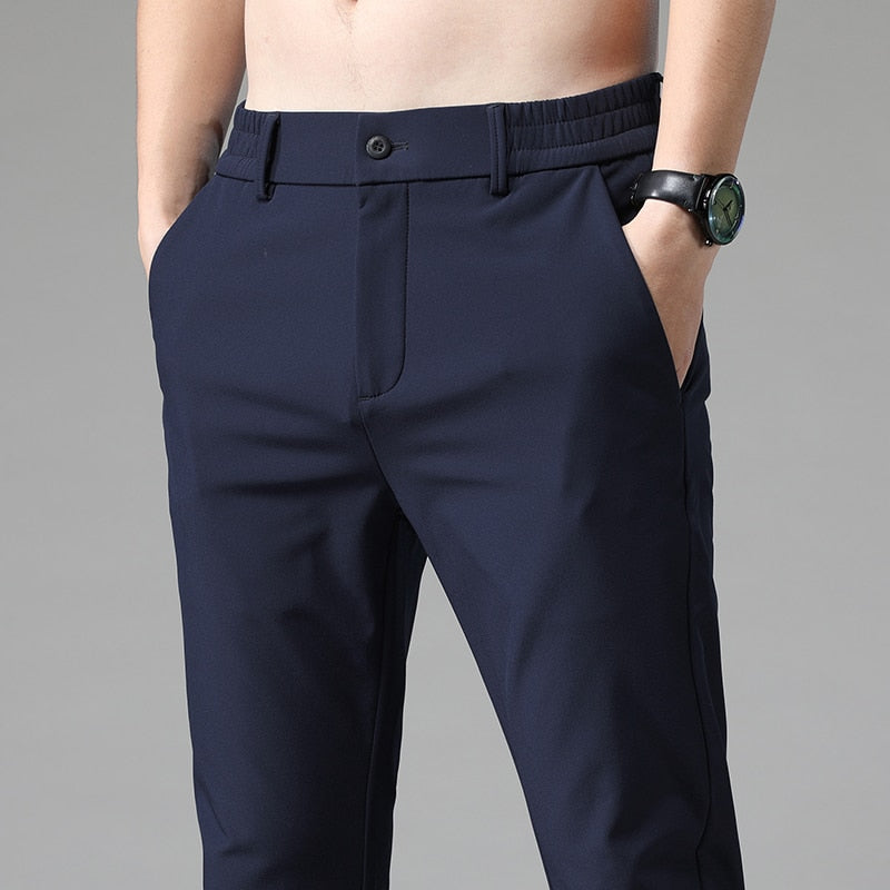 Men's Casual Pants Thin Business Slim Fit Elastic Waist Jogger Classic Trousers