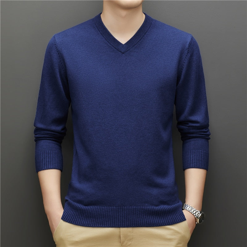 Men V-neck Thick Sweater Business Warm Knit Pullover Classic