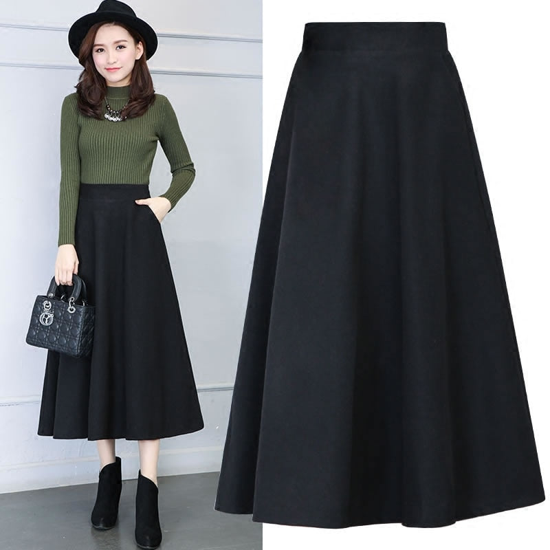 Winter Women Long Woolen Skirt Fashion High Waist Basic Wool Skirts