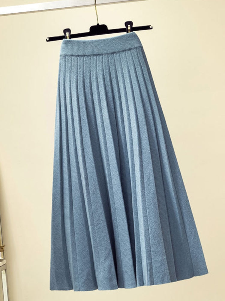 Fashion Knitted Midi Long Pleated Skirt Women