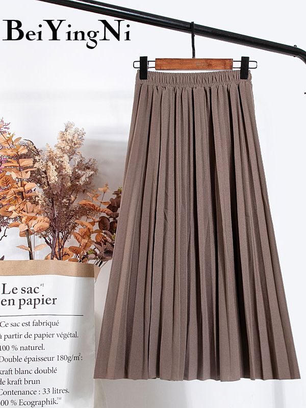 High Waist Women Skirt Casual Vintage Solid Belted Pleated Midi Skirts