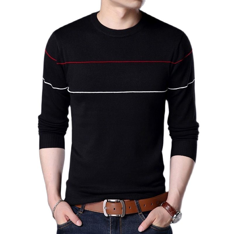 Men Knitted Sweater Comfy O Neck Long Sleeve Pullover Stripe Jumper Bottoming Shirt