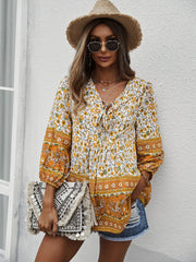 Casual Boho V Neck Top Loose Floral Printed Long Sleeve Beach Shirts Blouses