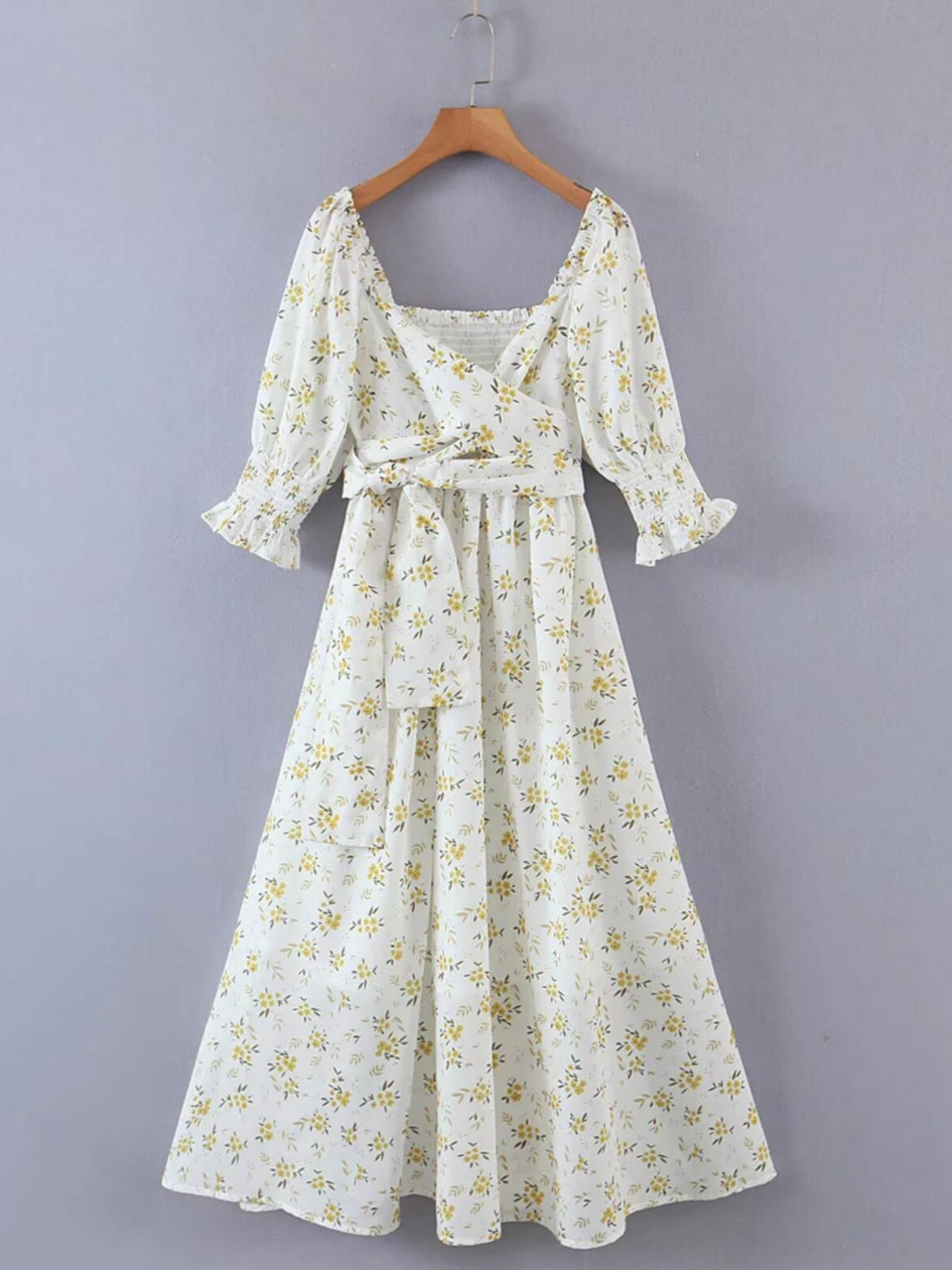 Retro Leaves Floral Print Cross Bandage Tie Bow Front Swing Dress