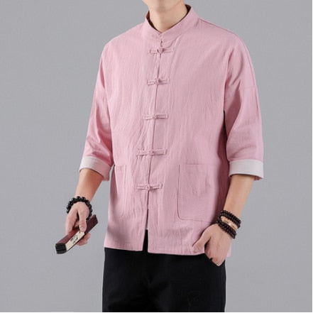 Chinese Style Mens Tops Tang Suit Linen Half Sleeve Solid