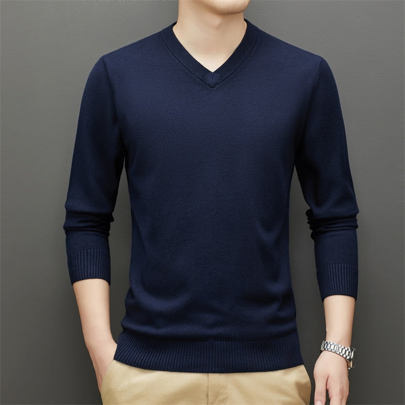 Men V-neck Thick Sweater Business Warm Knit Pullover Classic