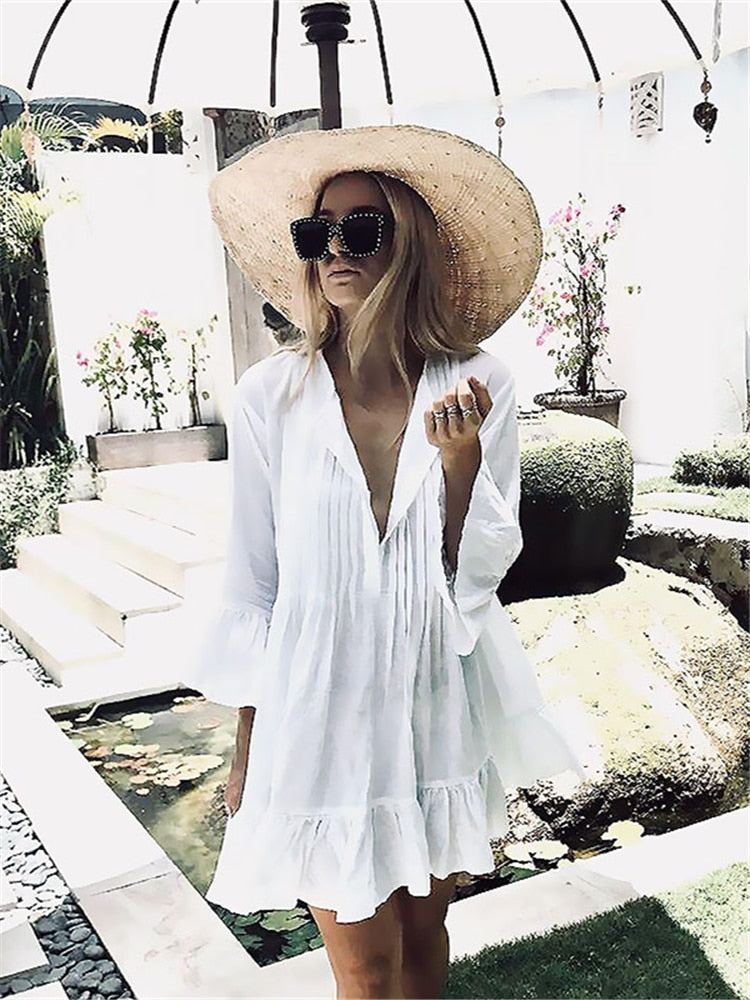 V-Neck Summer Beach Dress White Tunic Women Beachwear