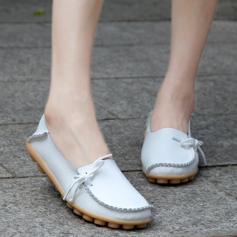 Flats Shoes Loafers Leather Female Slip on Ballet Bowtie Low-top