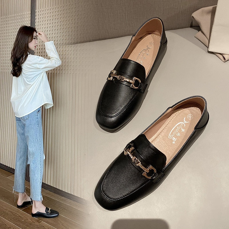 Shoes for Women Retro Fashion Slip-on Soft Leather PU Shoes British Style