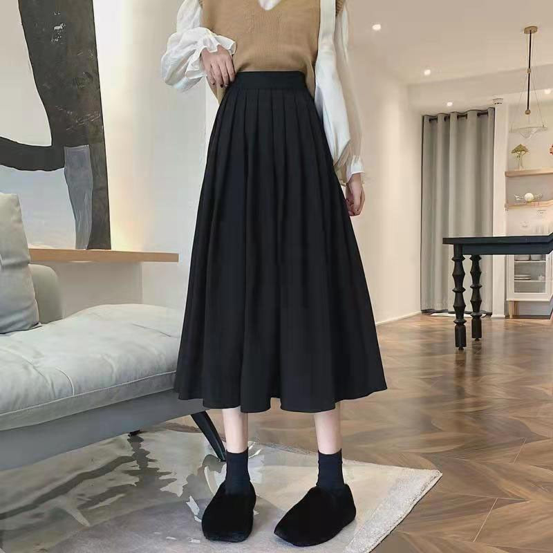 Fashion High Waist Pleated Skirt Women Elegant Style Midi Skirt