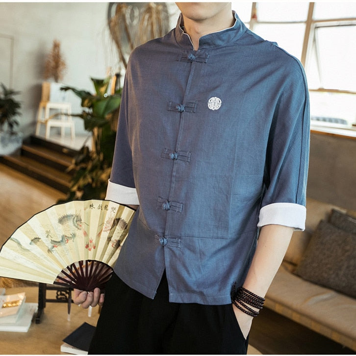 Chinese Style Mens Tops Tang Suit Linen Half Sleeve Solid