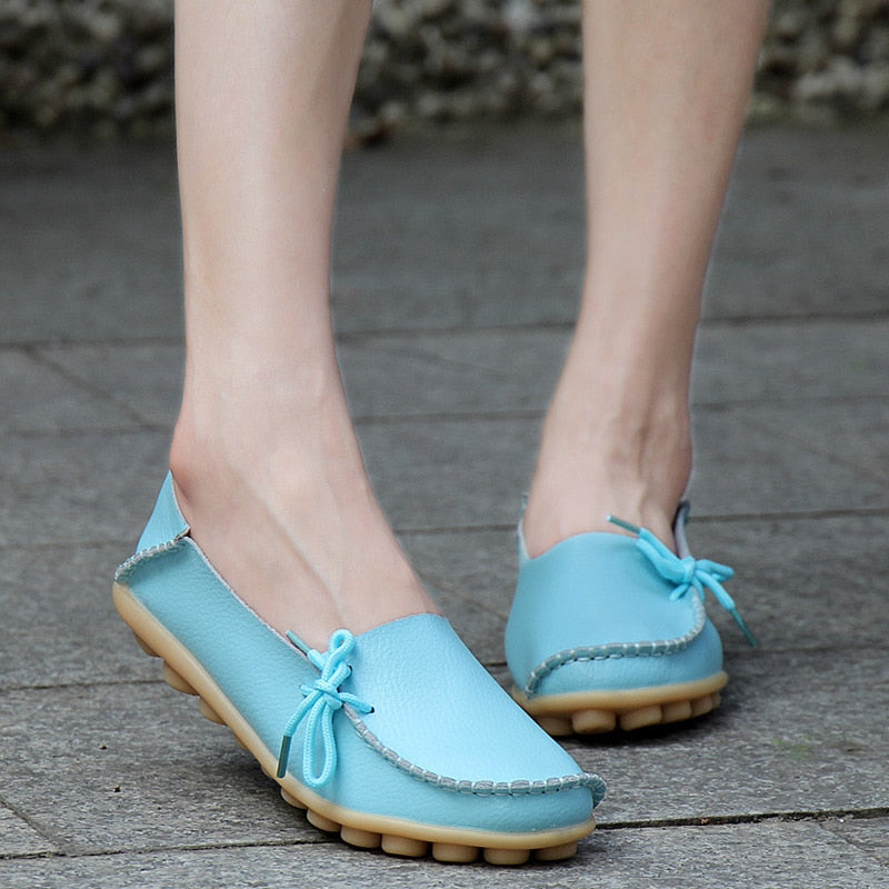 Flats Shoes Loafers Leather Female Slip on Ballet Bowtie Low-top