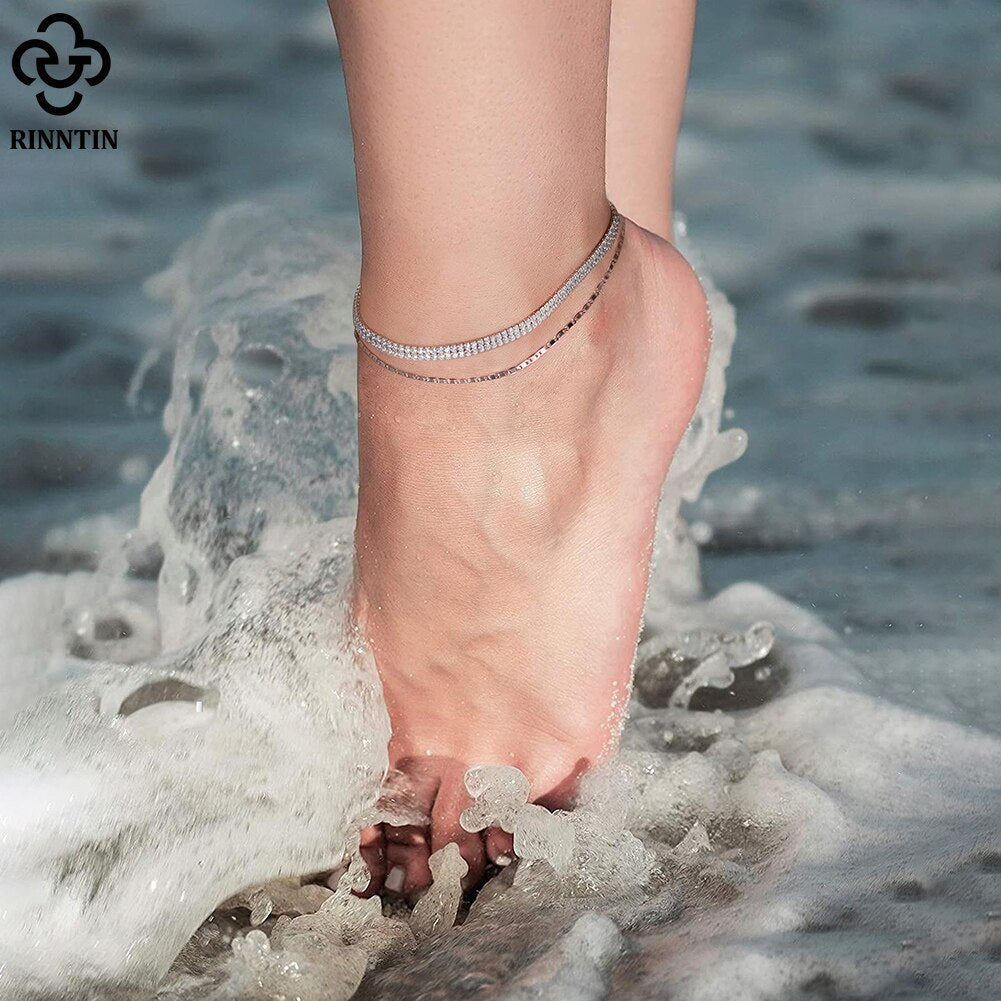 Sparkle Mirror Link Chain Anklet Women Silver Summer Foot Chain