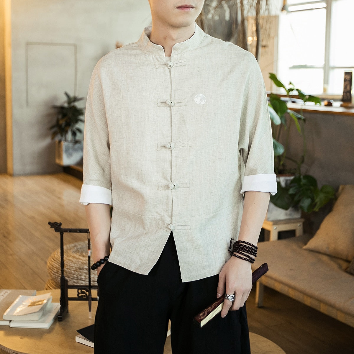 Chinese Style Mens Tops Tang Suit Linen Half Sleeve Solid