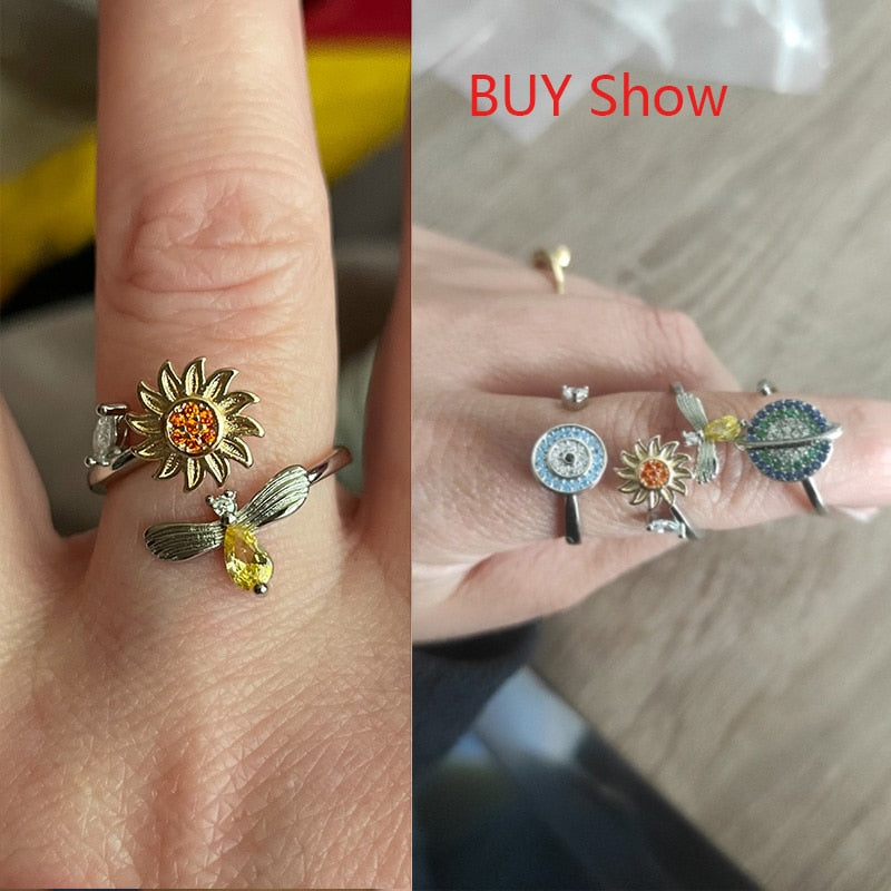 Women Stainless Steel Sunflower Star Planet Spinner Fidget Rings