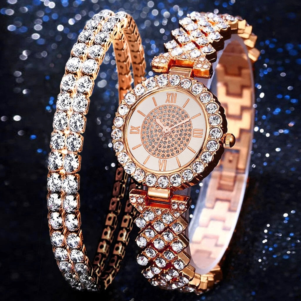 Rose Gold Watch Fashion Ladies Quartz Diamond Wristwatch Elegant