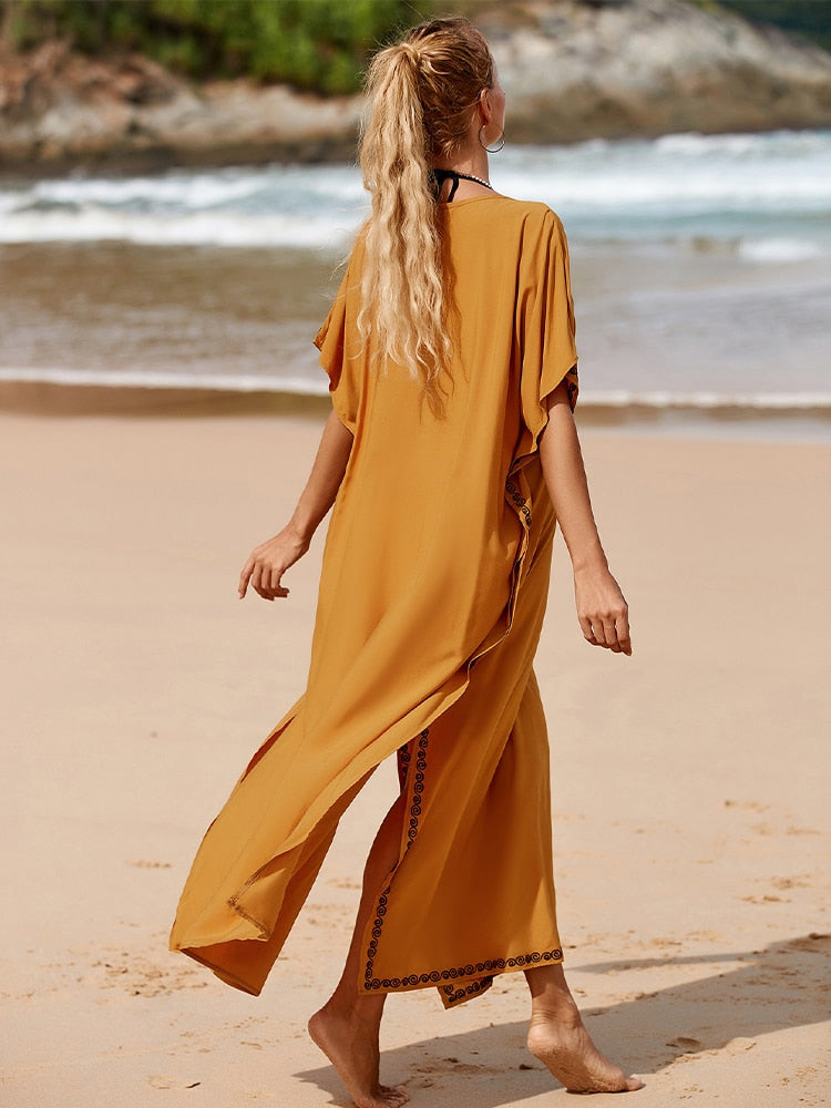 Yellow Embroidered Loose Kaftan Casual Summer Vacation Maxi Dress