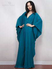 Solid V-neck Batwing Sleeve Plus Size Loose Maxi Dress