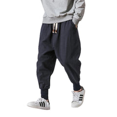 Linen Pants Men Waist Joggers Baggy Drop-crotch Pants Casual Trousers