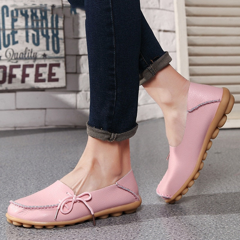 Flats Shoes Loafers Leather Female Slip on Ballet Bowtie Low-top