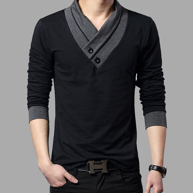 Slim Fit Long Sleeve T Shirt Men Patchwork Collar Tee V-Neck Men T Shirts