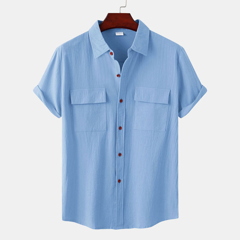 Double Pocket Linen Shirt Men Short Sleeve Button Down Shirts