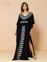 Black Vintage Embroidered Maxi Dress Elegant Long Kaftan