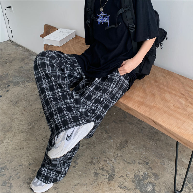 Plaid Pants Men Casual Straight Trousers Hip-hop Pants