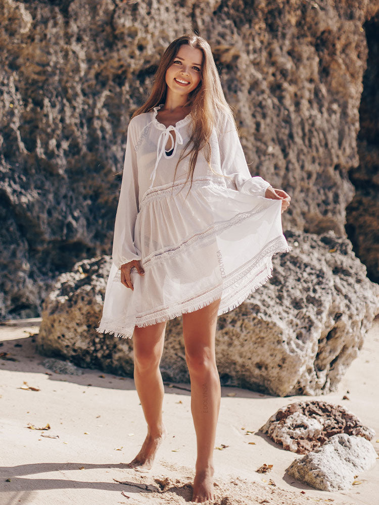 V-Neck Summer Beach Dress White Tunic Women Beachwear