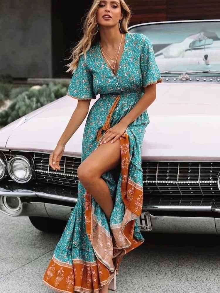 Vintage Chic Floral Print V-neck Rayon Bohemian Maxi Dress