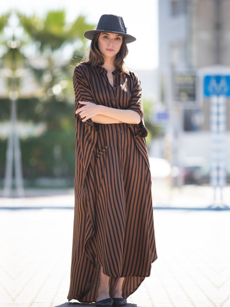 Casual Bikini Cover-ups Blue Tunic Sexy Striped Front Open