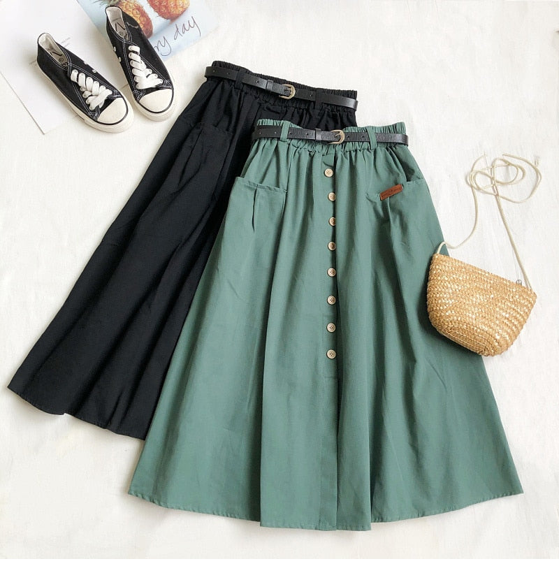 Casual Cotton Midi Long Skirt Women  Button Pocket Belt A Line