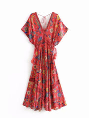 Vintage Chic Women Peacock Floral Print Bat Sleeve