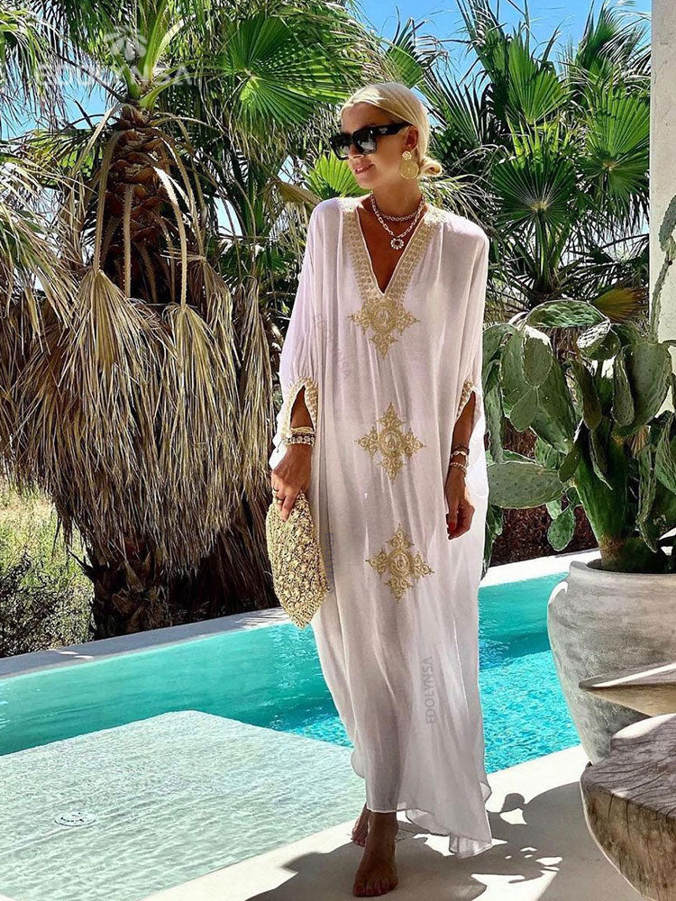 Elegant Gold Embroidered Kaftan Retro V-neck White Dress