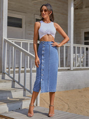 Single Breasted Knee Length Denim Skirt