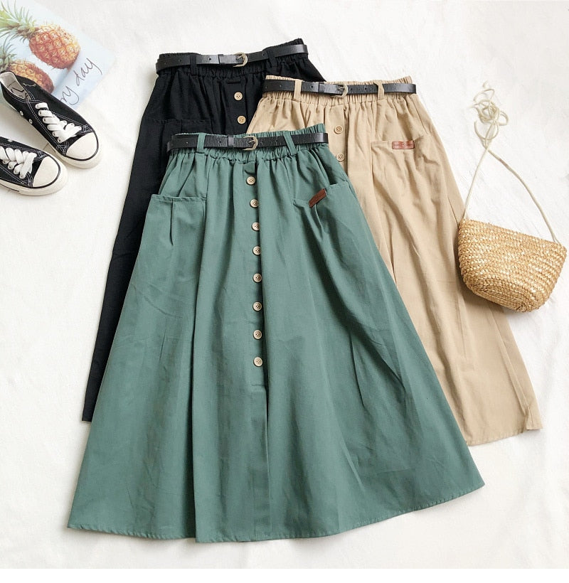 Casual Cotton Midi Long Skirt Women  Button Pocket Belt A Line