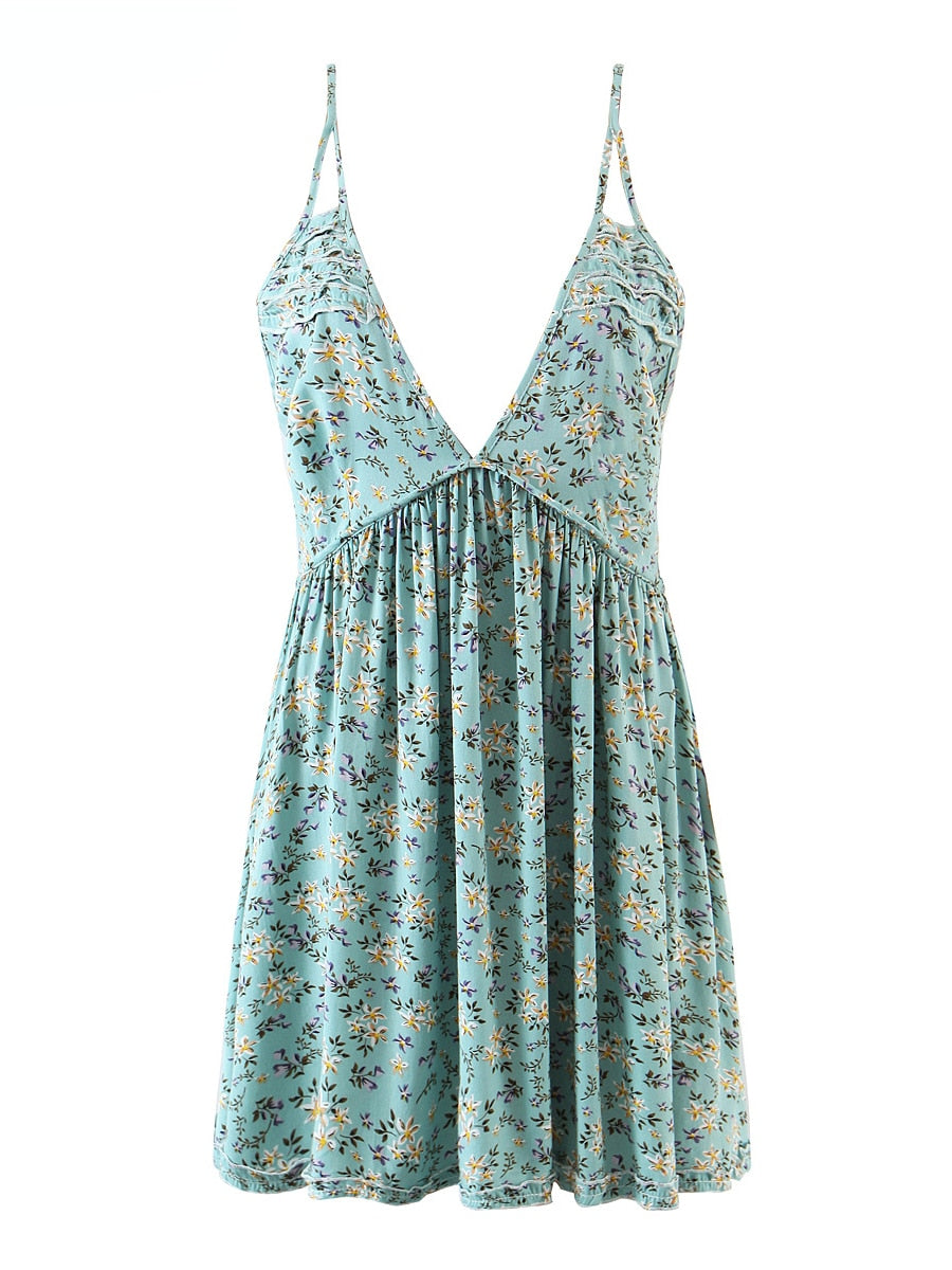 Vintage Women Green Floral Print Sleeveless Beach Bohemian Strap Dress