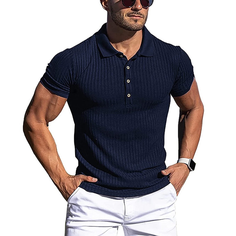 Turn-Down Collar Men Button T-shirt Short Sleeved Stripe Fitness Yoga Top