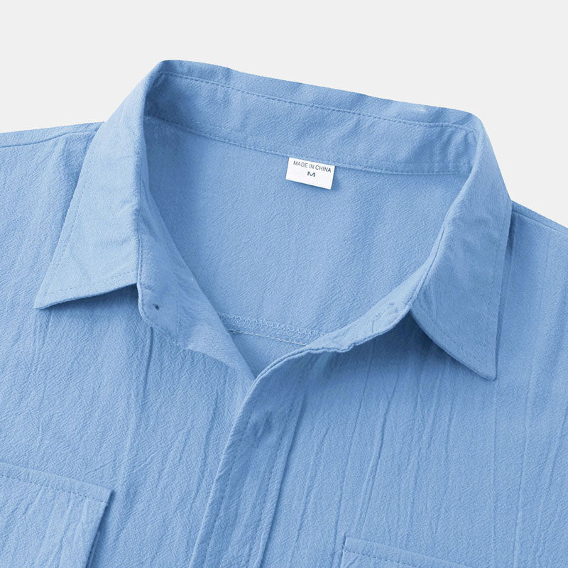 Double Pocket Linen Shirt Men Short Sleeve Button Down Shirts