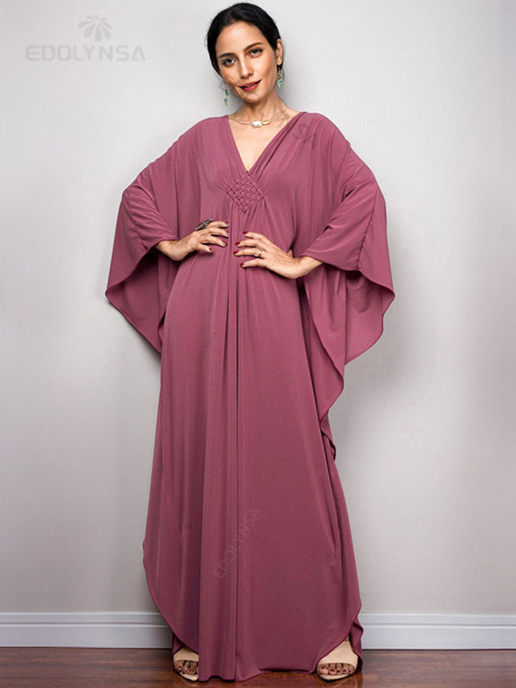 Solid V-neck Batwing Sleeve Plus Size Loose Maxi Dress