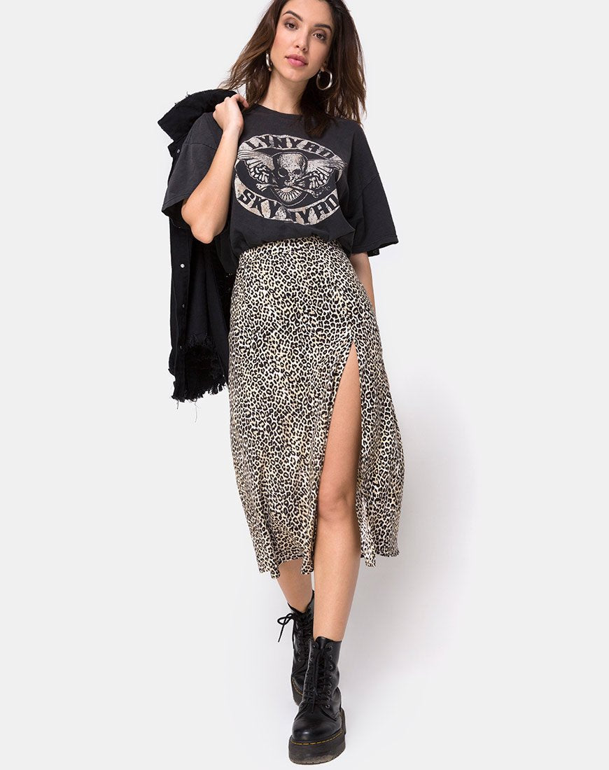 High Waist Split Midi Skirts Elegant Leopard Floral